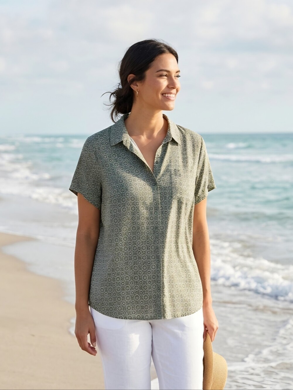 croft & barrow Olive Green Short-Sleeve Blouse with Geometric Print